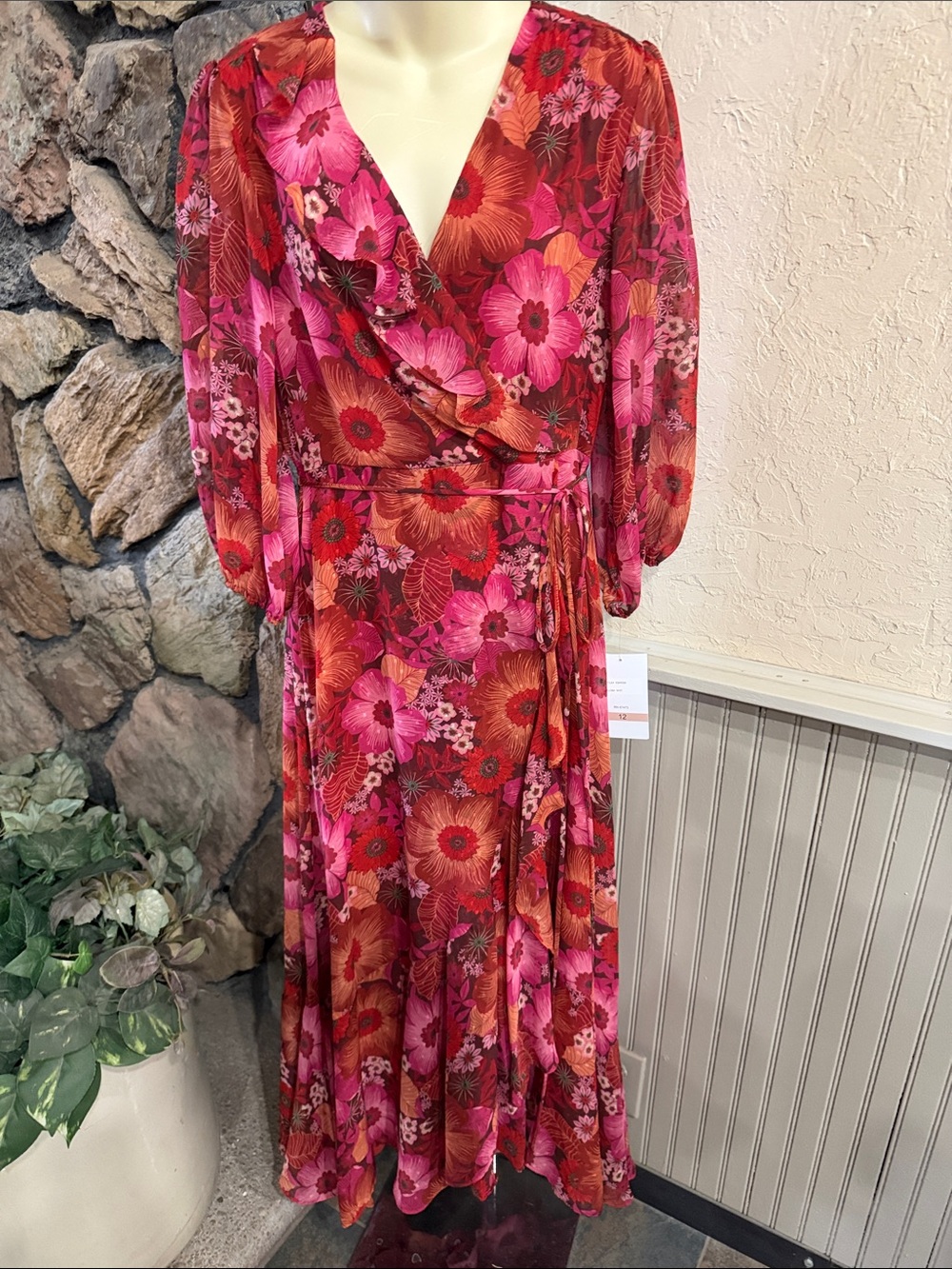 Maison Tara Pink and Red Floral Wrap Maxi Dress